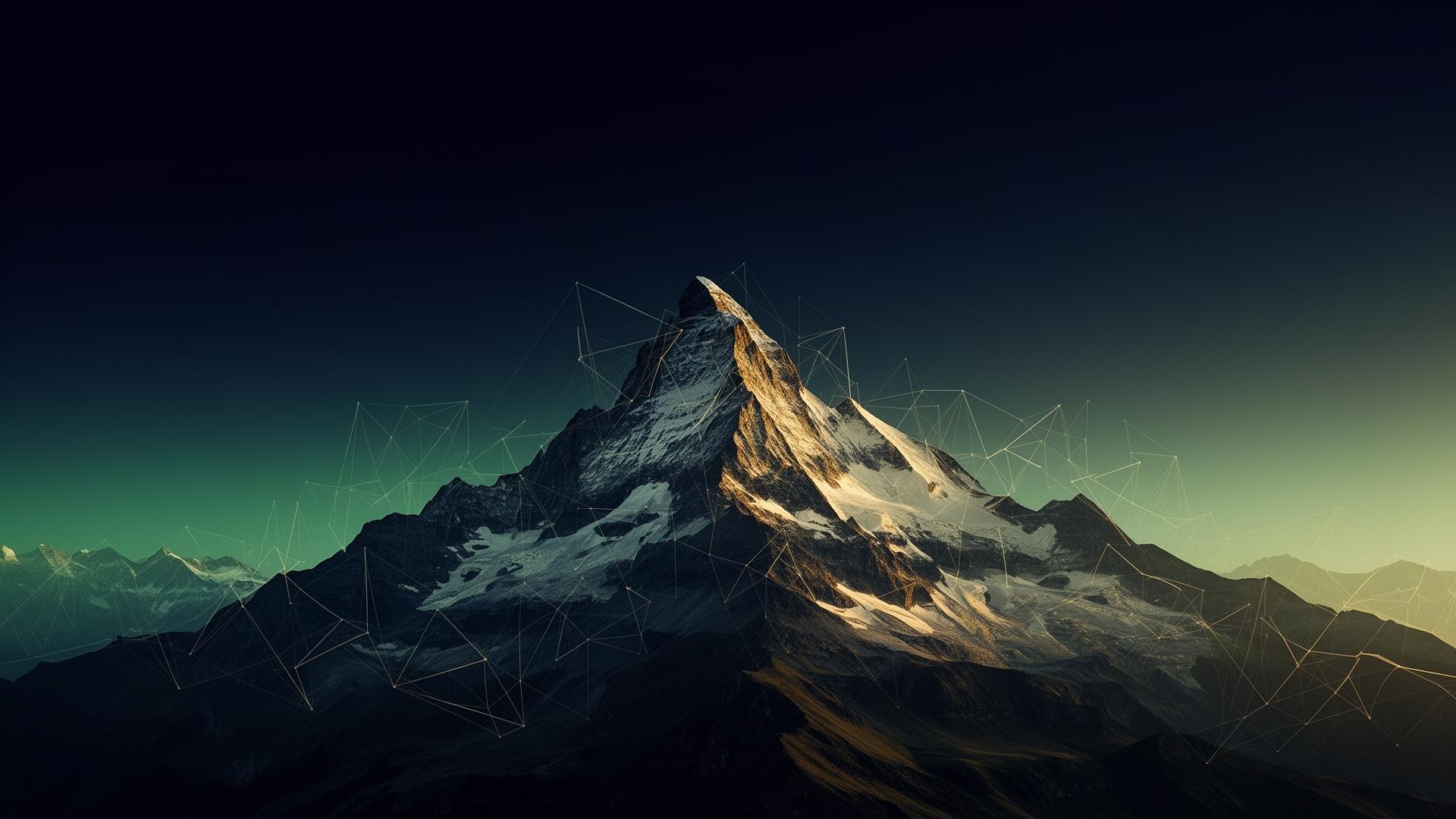 Swiss alpine peak with data network overlay